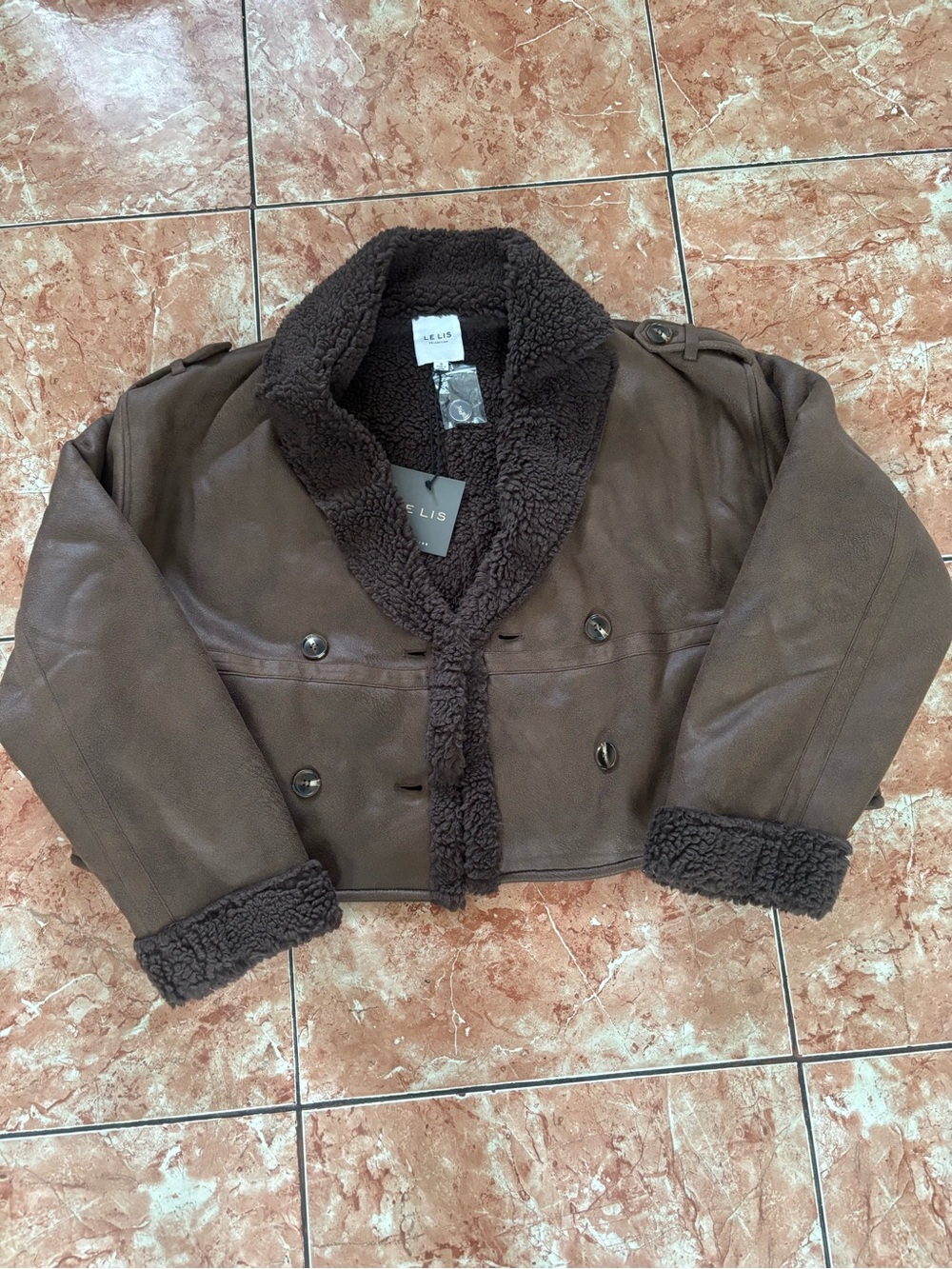 Le Lis Brown Faux-Suede Bomber Jacket with Sherpa Trim